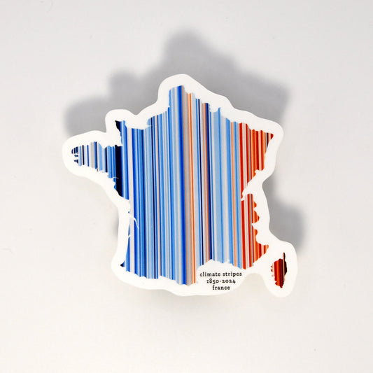 Sticker shaped like a map of France with blue and red stripes on a white background